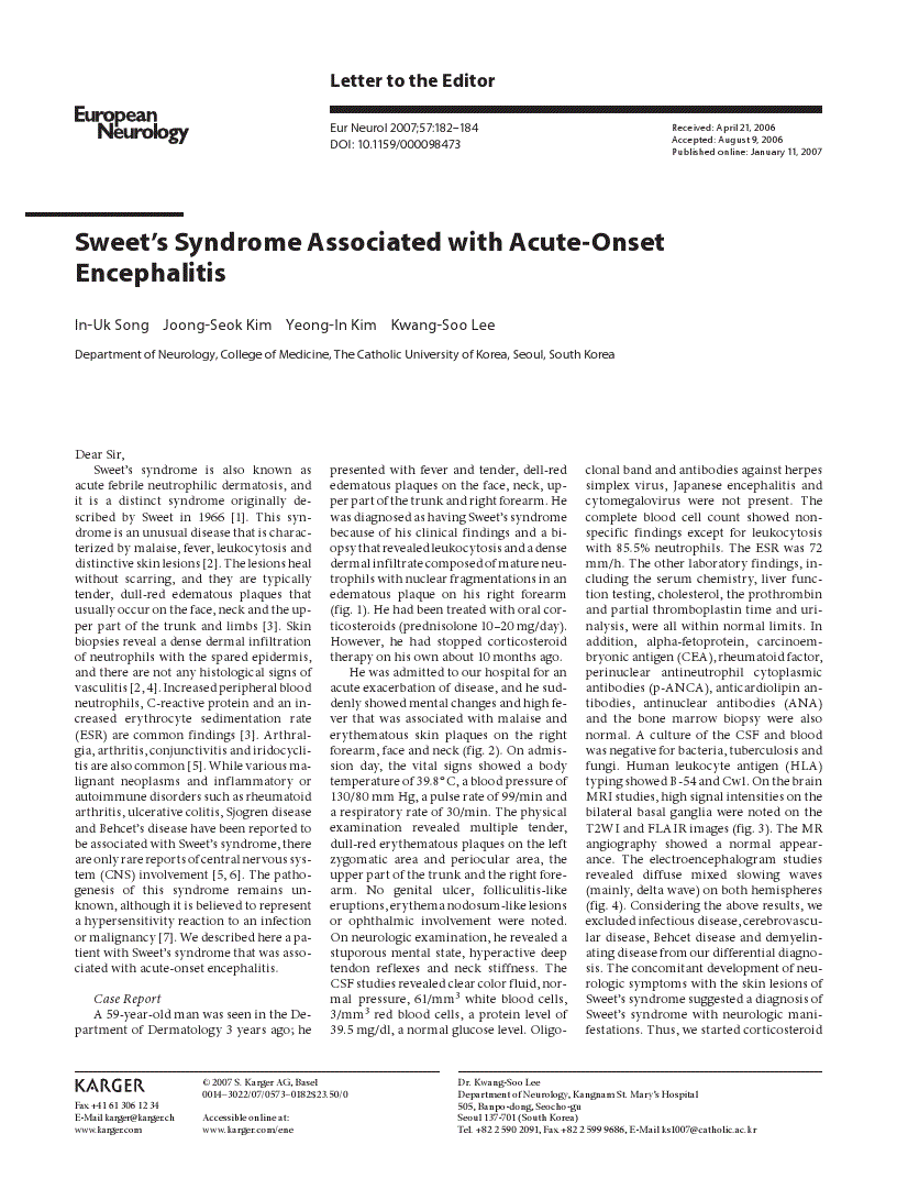Sweet’s Syndrome Associated with Acute-Onset Encephalitis | European ...