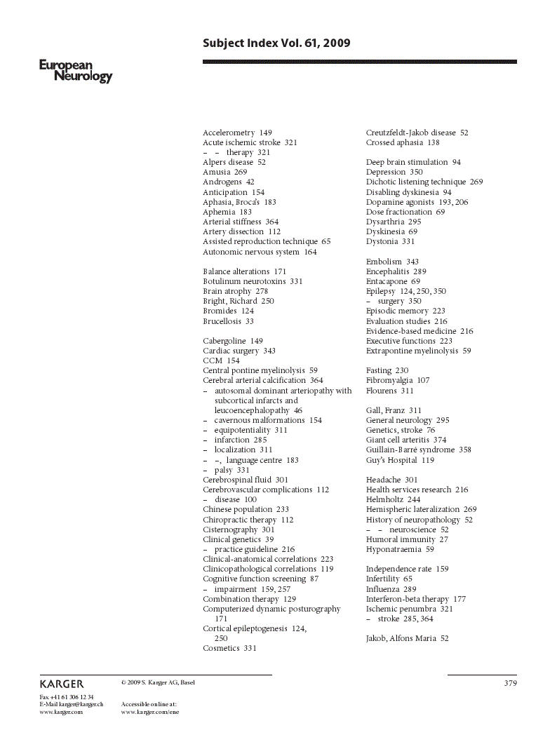 First page of Subject Index Vol. 61, 2009