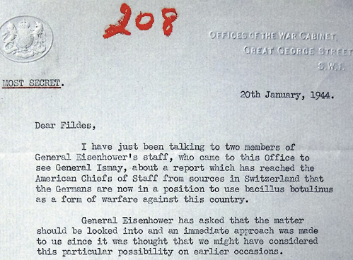 Fig. 1. Letter from Philip Allen to Paul Fildes about the German threat of Botulinum toxin use against Switzerland (British National Archives [Kew]. WO 188/654).