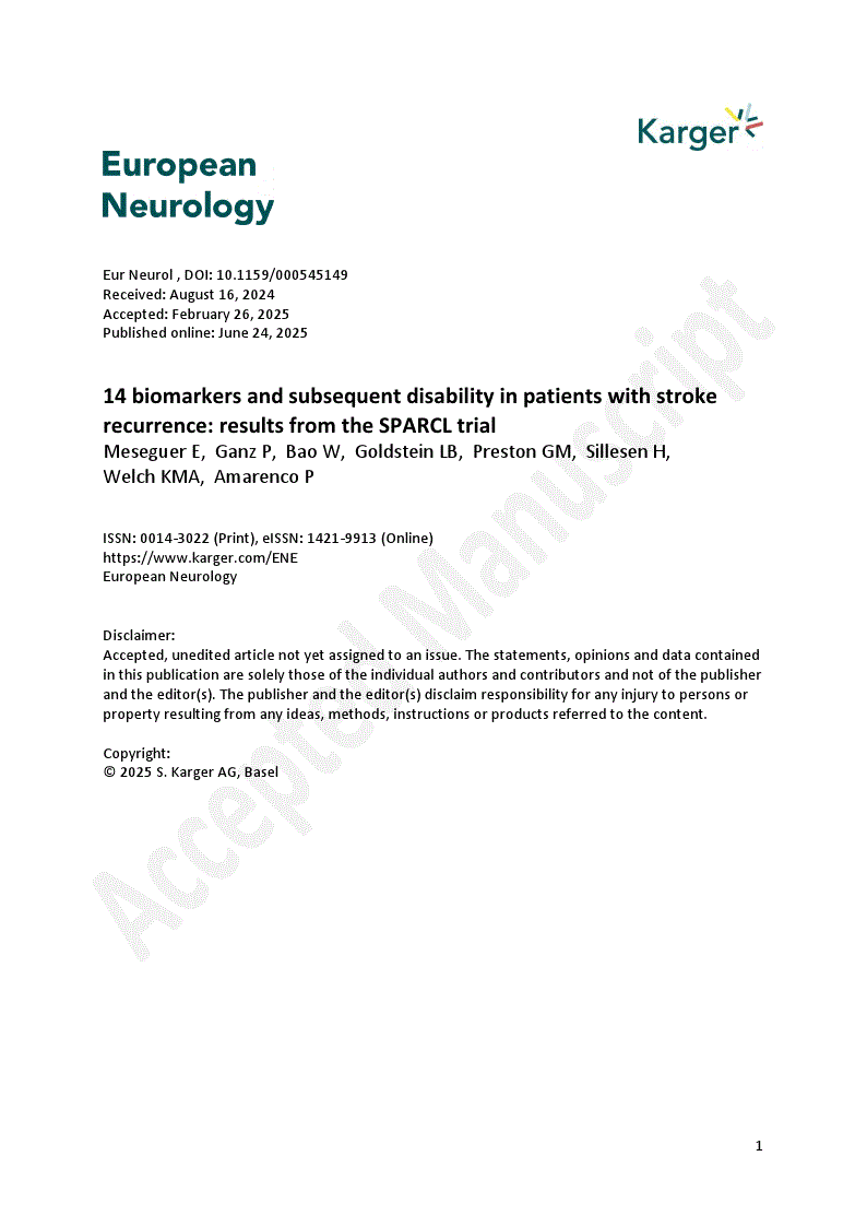 First page of 14 biomarkers and subsequent disability in patients with stroke recurrence: results from the SPARCL trial