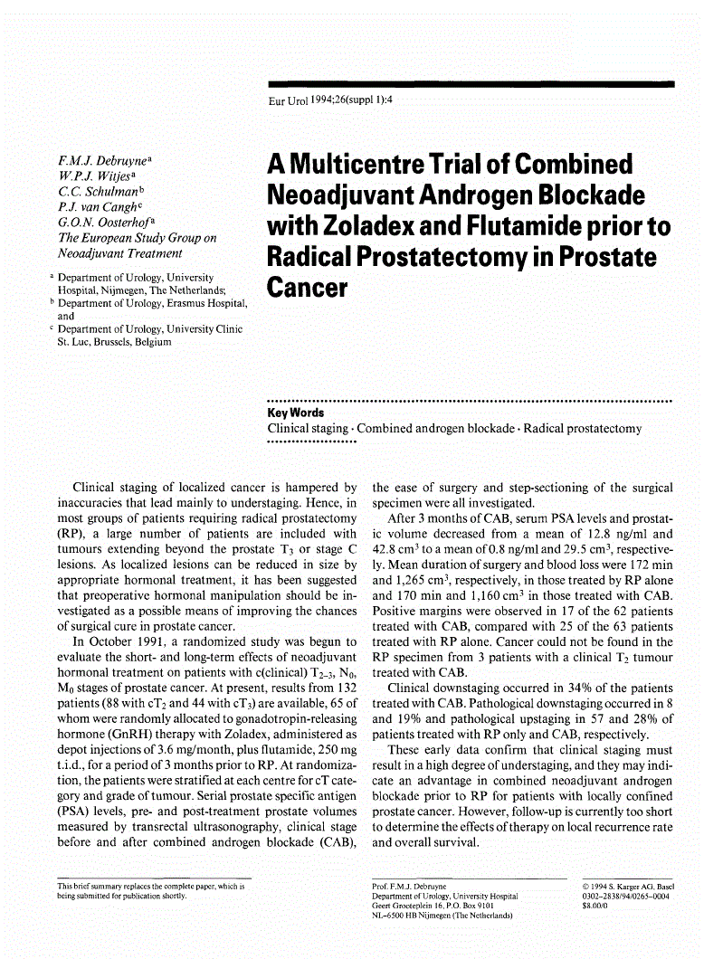 First page of A Multicentre Trial of Combined Neoadjuvant Androgen Blockade with Zoladex and Flutamide prior to Radical Prostatectomy in Prostate Cancer