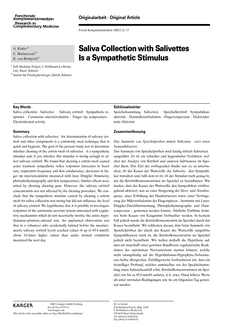 First page of Saliva Collection with Salivettes® Is a Sympathetic Stimulus