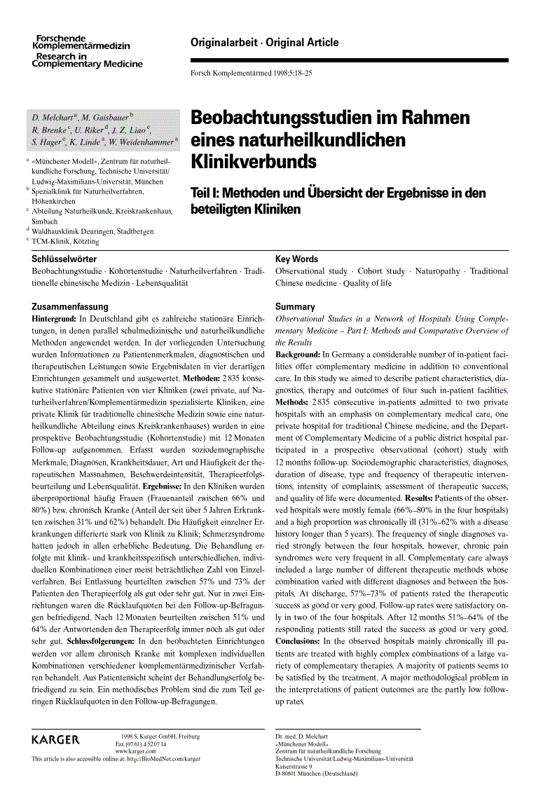 First page of Beobachtungsstudien im Rahmen eines naturheilkundlichen Klinikverbunds<subtitle>Teil I: Methoden und Übersicht der Ergebnisse in den beteiligten Kliniken</subtitle>