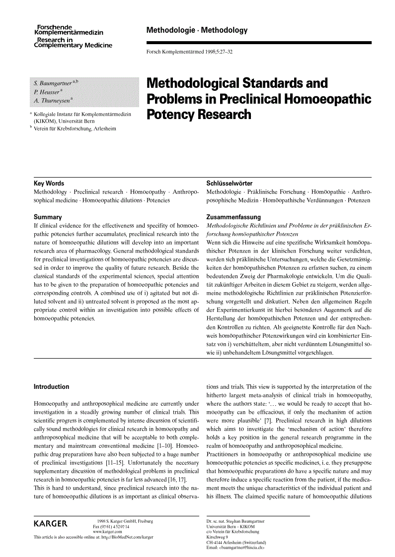 First page of Methodological Standards and Problems in Preclinical Homoeopathic Potency Research