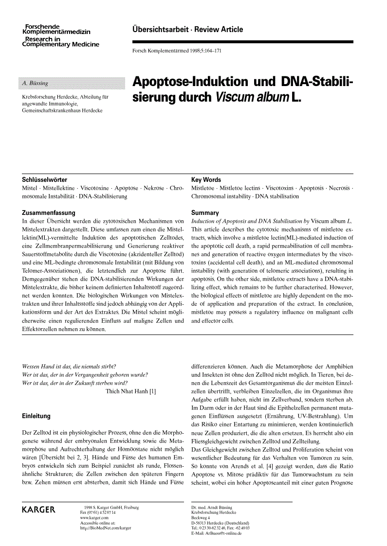 First page of Apoptose-Induktion and DNA-Stabilisierung durch <italic>Viscum album</italic> L.