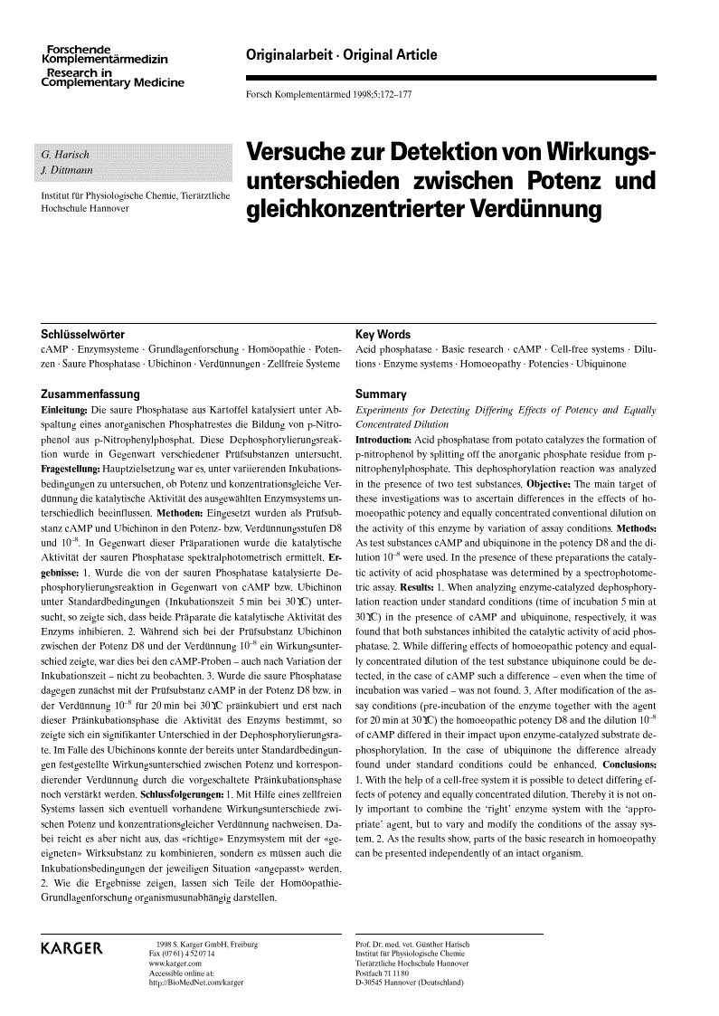 First page of Versuche zur Detektion von Wirkungsunterschieden zwischen Potenz und gleichkonzentrierter Verdünnung