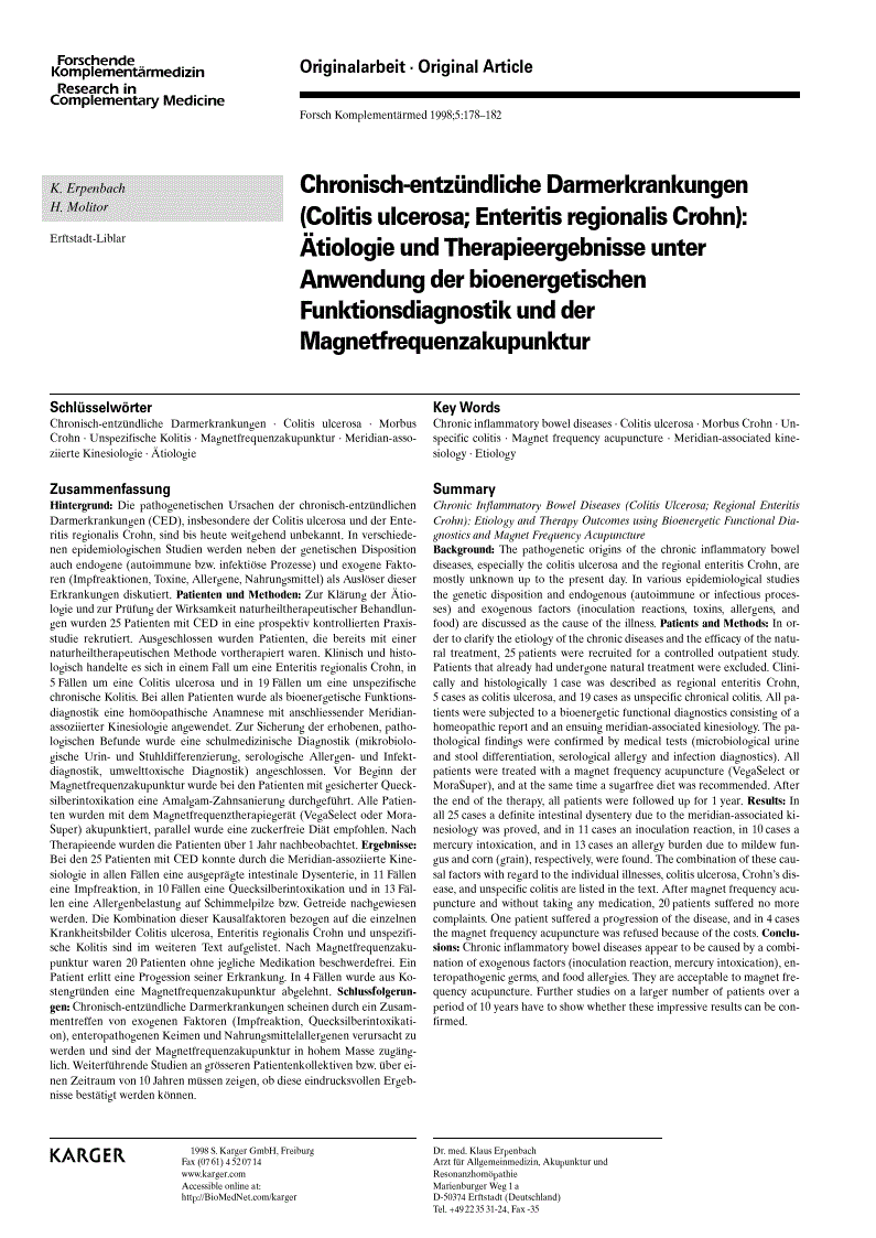 First page of Chronisch-entzündliche Darmerkrankungen (Colitis ulcerosa; Enteritis regionalis Crohn): Ätiologie und Therapieergebnisse unter Anwendung der bioenergetischen Funktionsdiagnostik und der Magnetfrequenzakupunktur