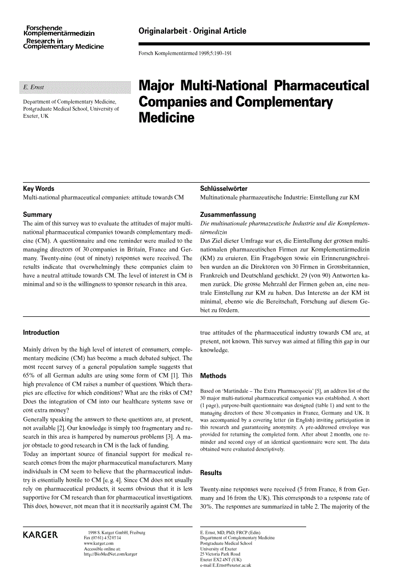 First page of Major Multi-National Pharmaceutical Companies and Complementary Medicine
