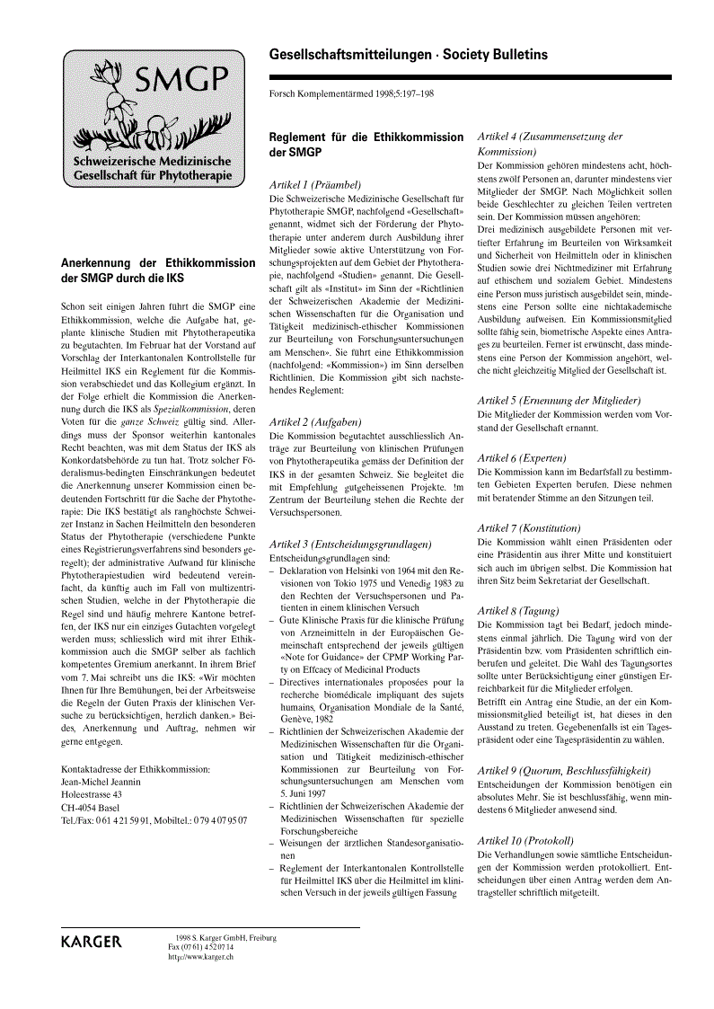 First page of Schweizerische Medizinische Gesellschaft für Phytotherapie