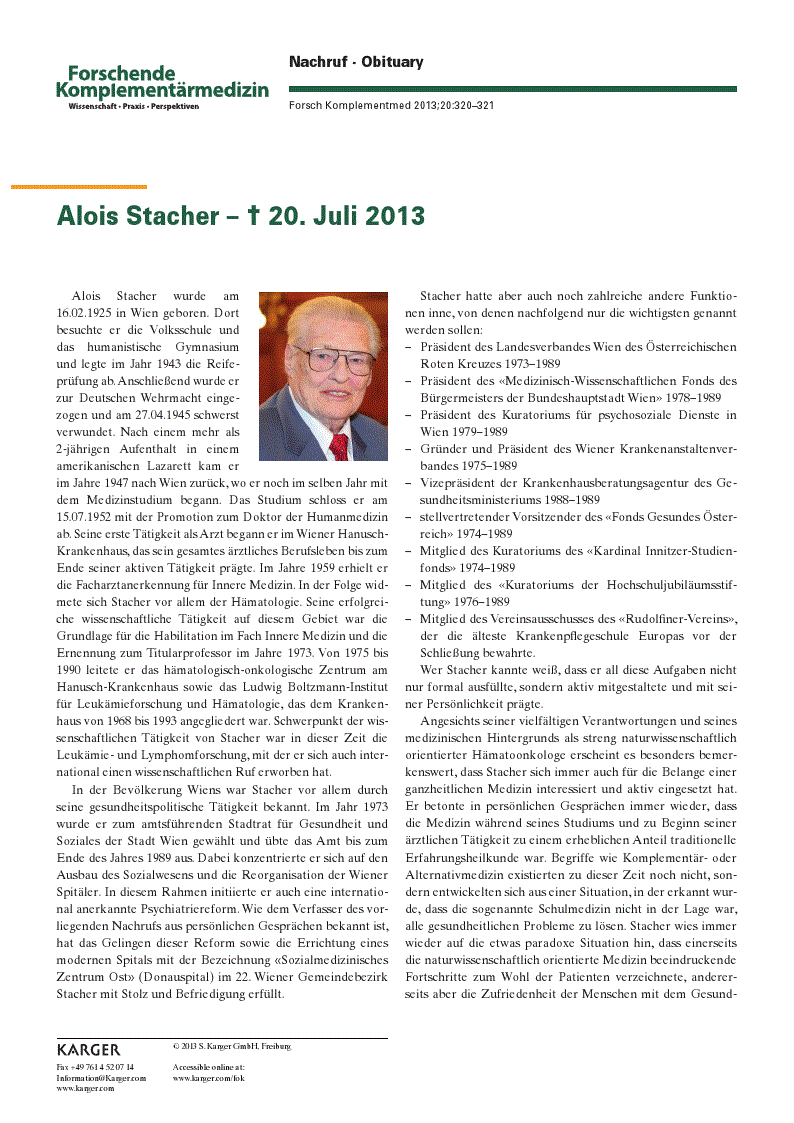First page of Alois Stacher - † 20. Juli 2013