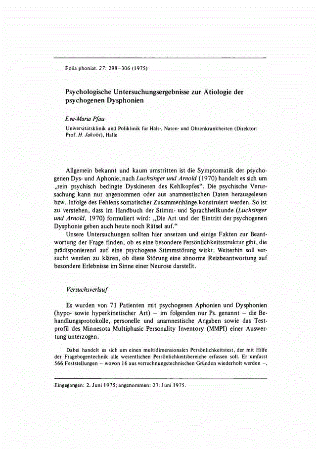 First page of Psychologische Untersuchungsergebnisse zur Ätiologie der psychogenen Dysphonien