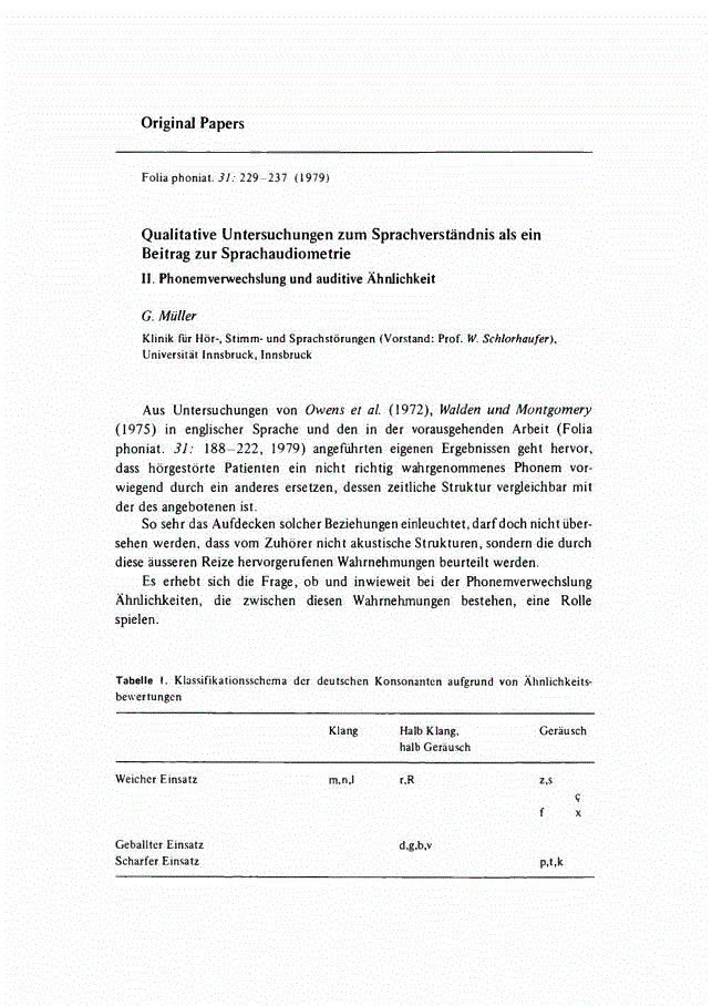 First page of Qualitative Untersuchungen zum Sprachverständnis als ein Beitrag zur Sprachaudiometrie<subtitle>II. Phonemverwechslung und auditive Ähnlichkeit</subtitle>