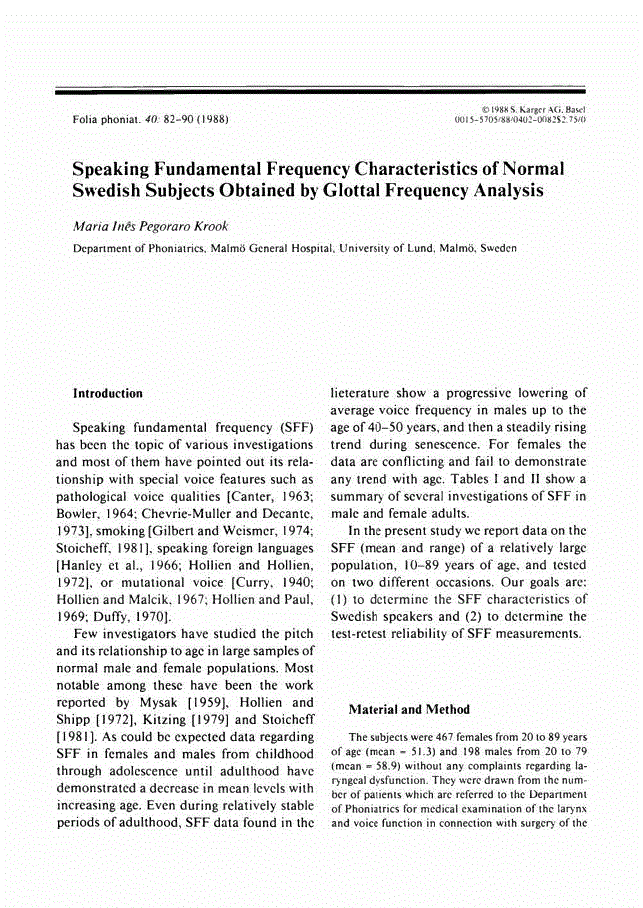 First page of Speaking Fundamental Frequency Characteristics of Normal Swedish Subjects Obtained by Glottal Frequency Analysis