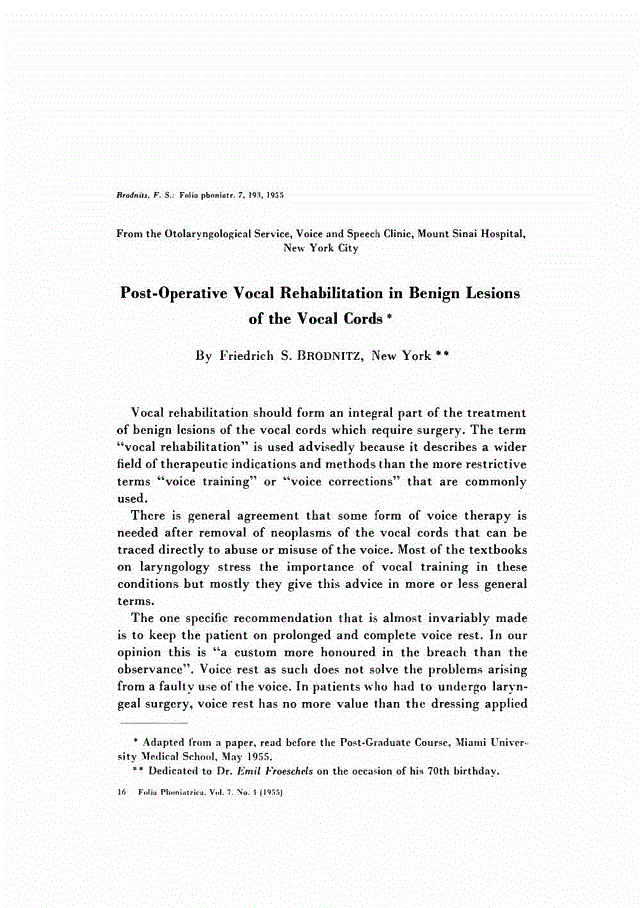 First page of Post-Operative Vocal Rehabilitation in Benign Lesions of the Vocal Cords