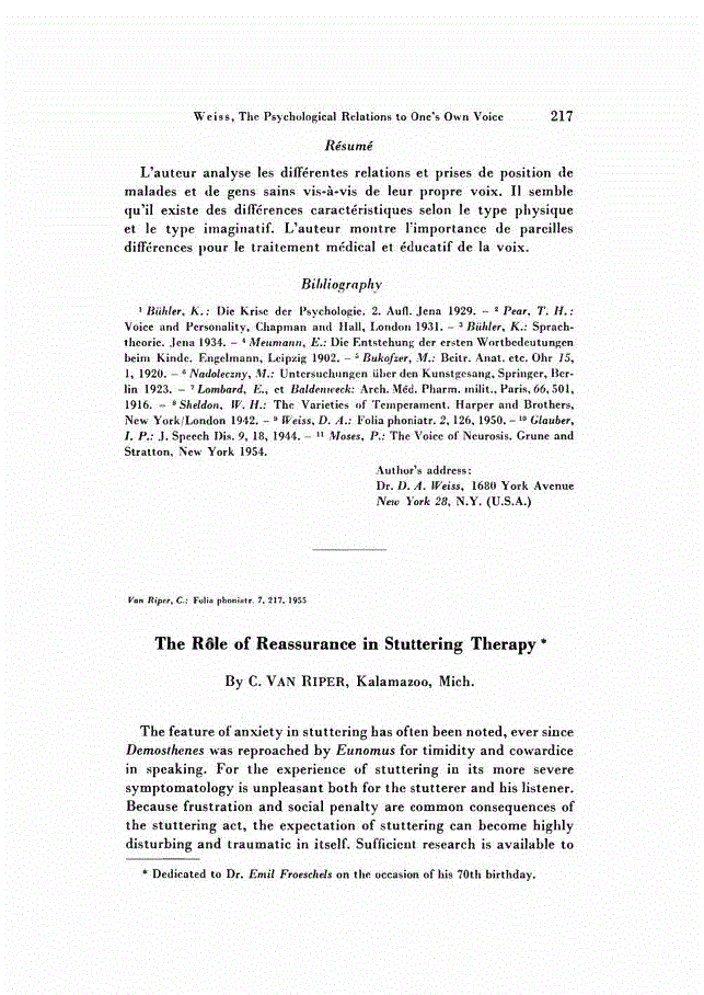 First page of The Rôle of Reassurance in Stuttering Therapy