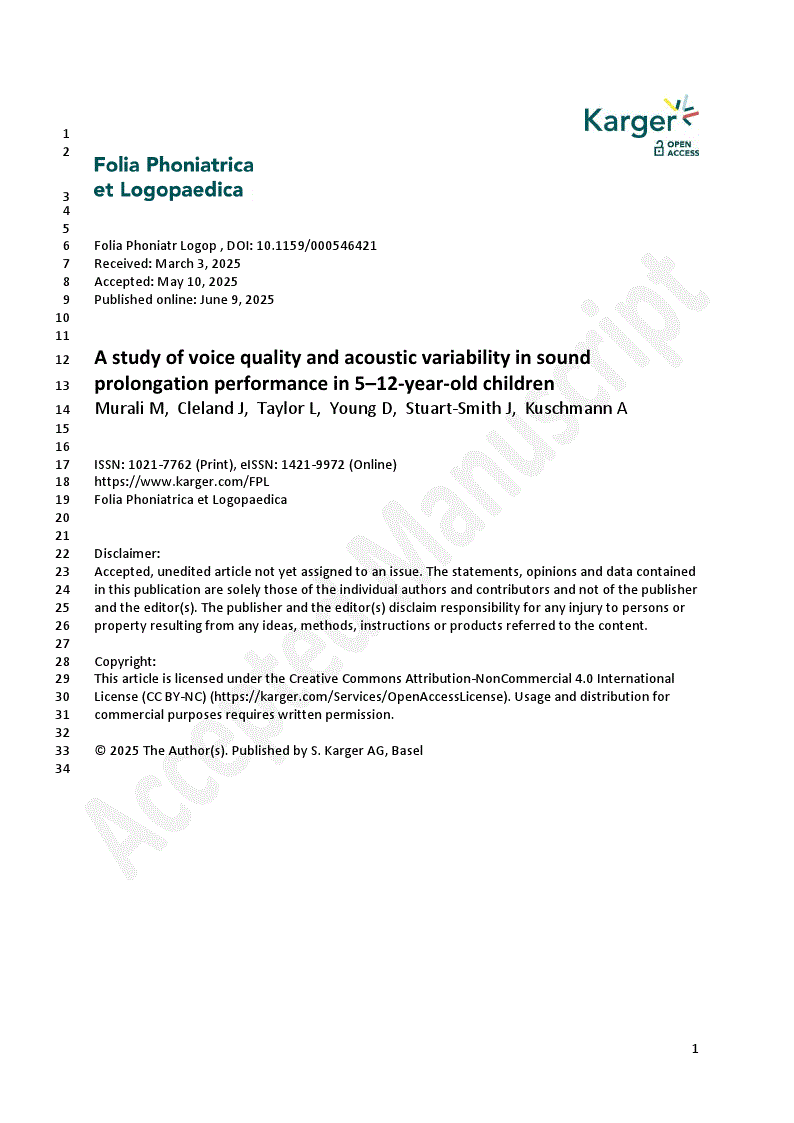 First page of A study of voice quality and acoustic variability in sound prolongation performance in 5–12-year-old children
