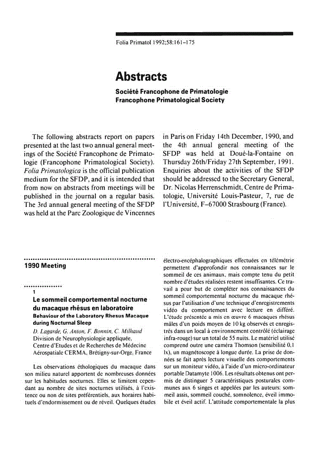 First page of Société Francophone de Primatologie Francophone Primatological Society