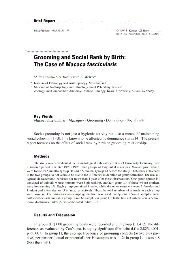 First page of Grooming and Social Rank by Birth: The Case of <italic>Macaca fascicularis</italic>