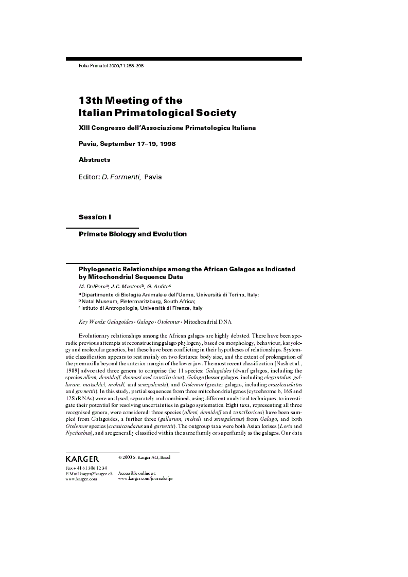 First page of 13th Meeting of theItalian Primatological Society<subtitle>XIII Congresso dell’Associazione Primatologica ItalianaPavia, September 17–19, 1998</subtitle>