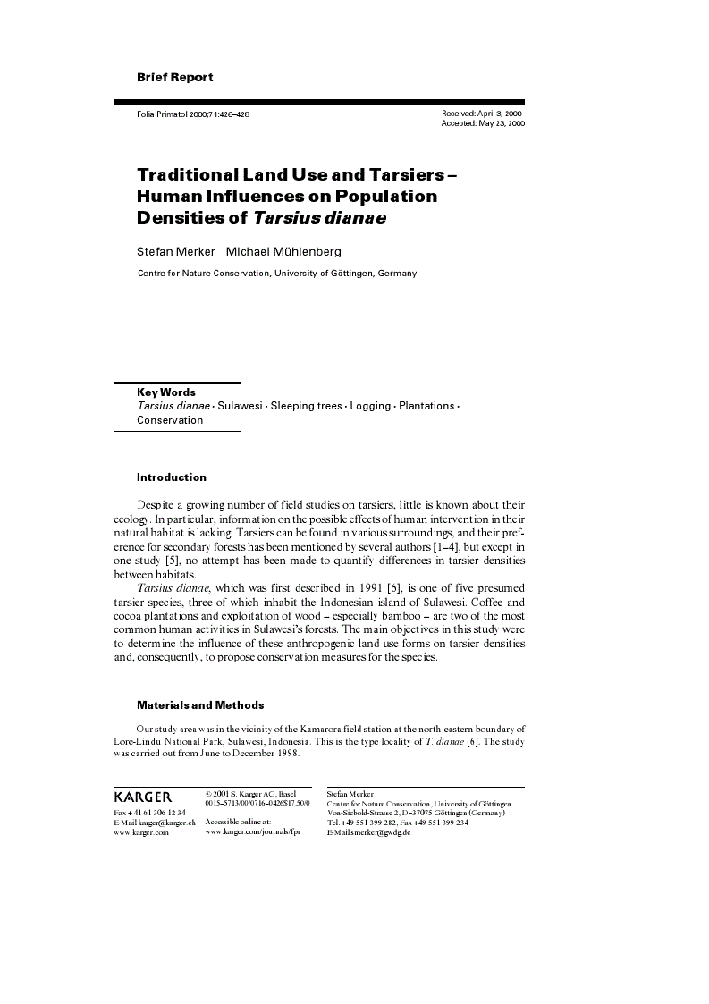 First page of Traditional Land Use and Tarsiers – Human Influences on Population Densities of <italic>Tarsius dianae</italic>