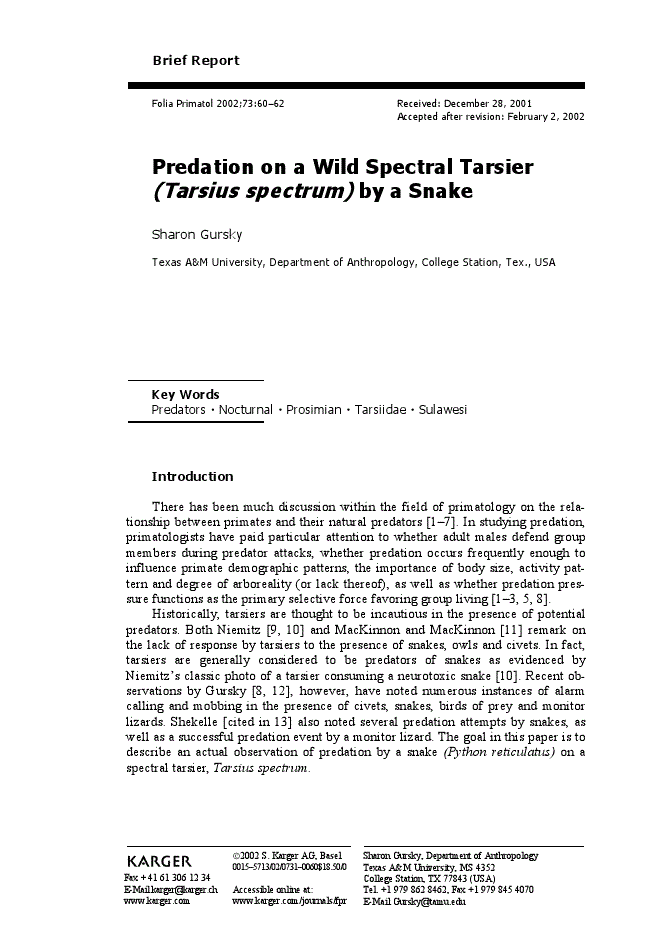 First page of Predation on a Wild Spectral Tarsier (Tarsius spectrum) by a Snake