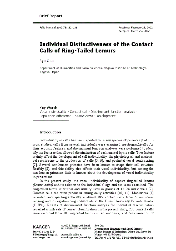 First page of Individual Distinctiveness of the Contact Calls of Ring-Tailed Lemurs