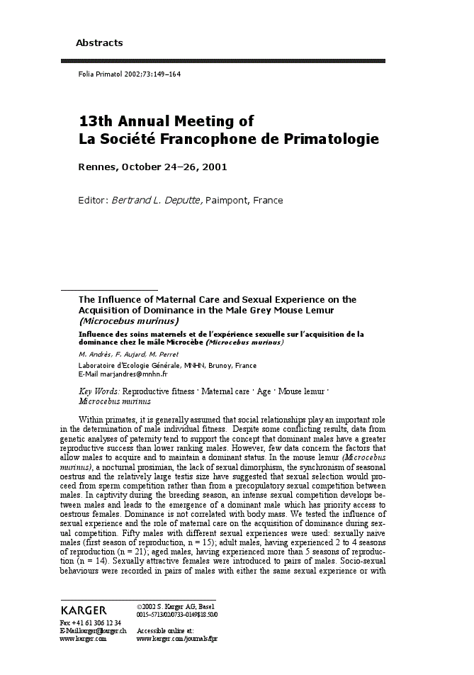 First page of 13th Annual Meeting of La Société Francophone de Primatologie<subtitle>Rennes, October 24–26, 2001</subtitle>
