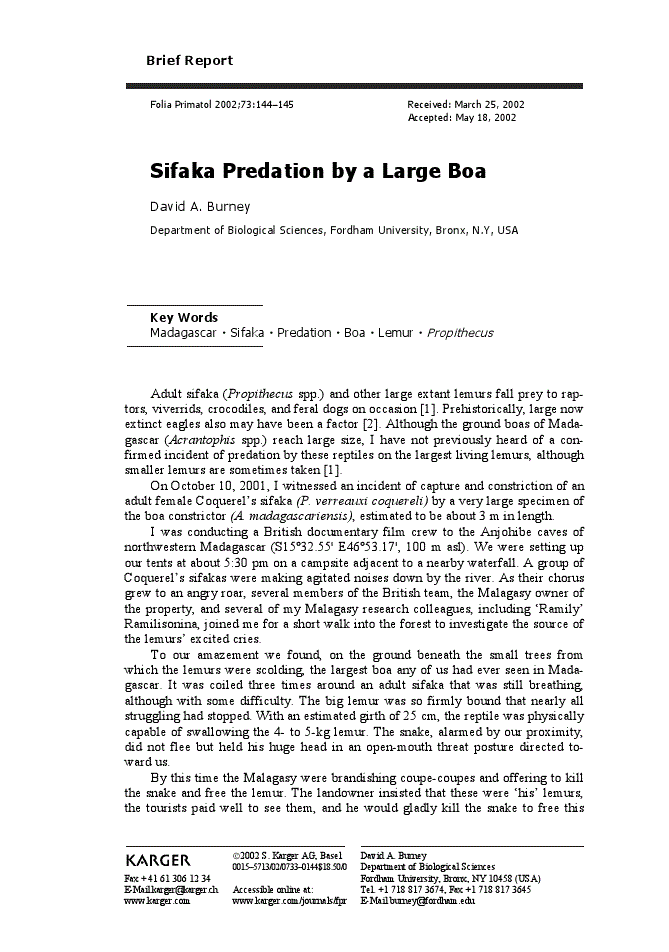 First page of Sifaka Predation by a Large Boa