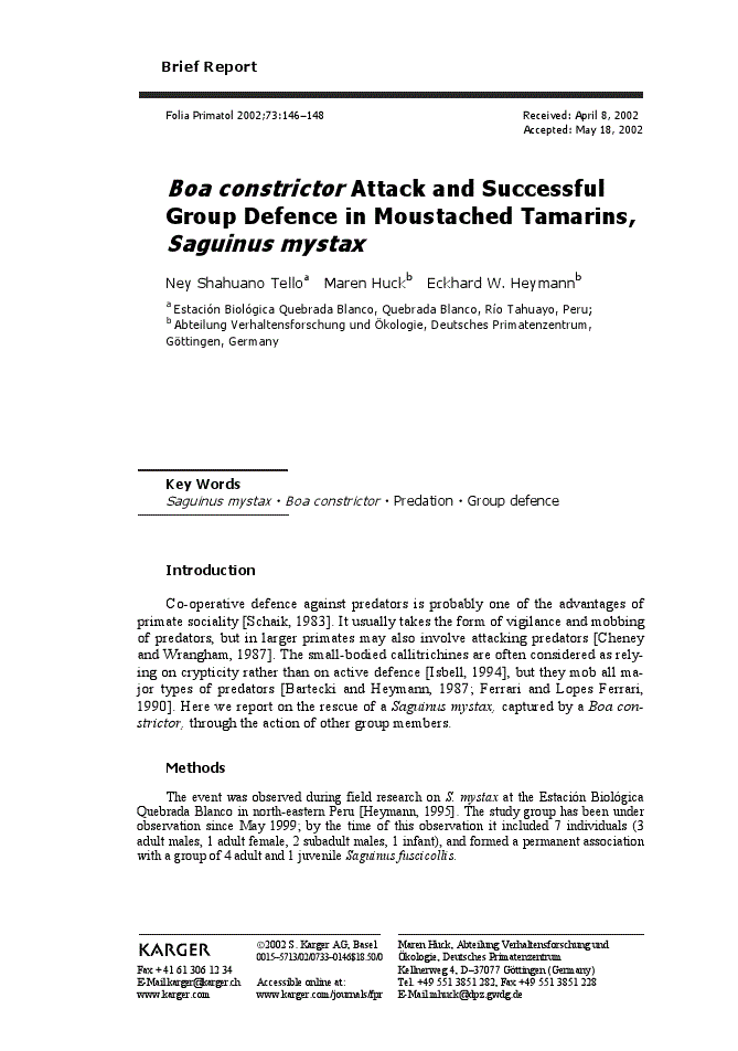 First page of <italic>Boa constrictor</italic> Attack and Successful Group Defence in Moustached Tamarins, <italic>Saguinus mystax</italic>