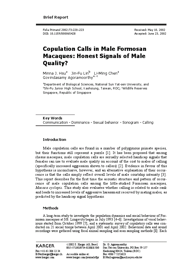 First page of Copulation Calls in Male Formosan Macaques: Honest Signals of Male Quality?