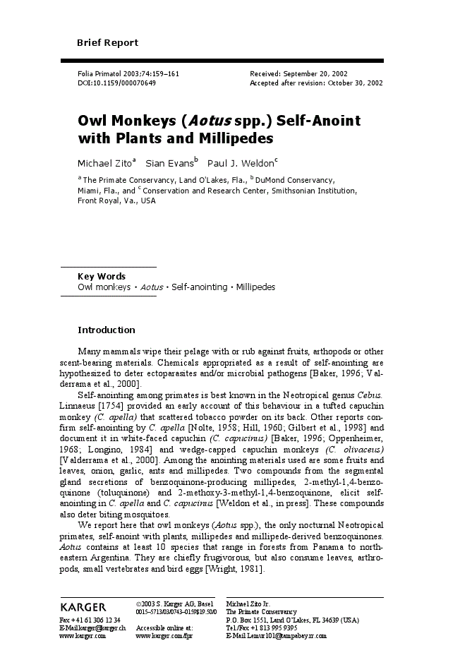 First page of Owl Monkeys (Aotus spp.) Self-Anoint with Plants and Millipedes