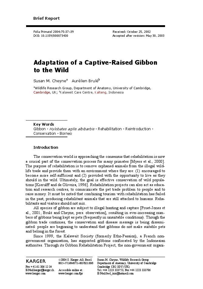 First page of Adaptation of a Captive-Raised Gibbon to the Wild
