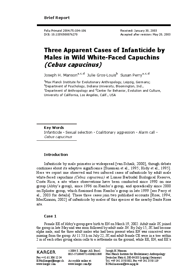 First page of Three Apparent Cases of Infanticide by Males in Wild White-Faced Capuchins <italic>(Cebus capucinus)</italic>