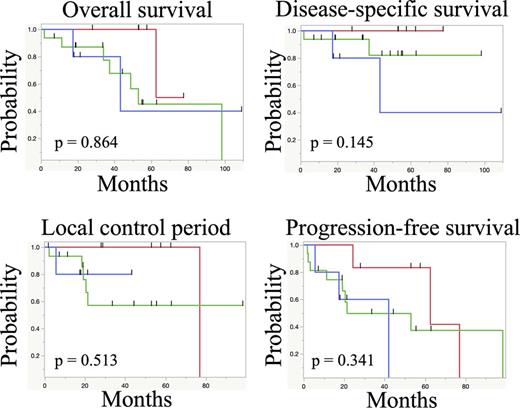 Kaplan-Meier curves for OS, DSS, LC period, and PFS for patients with stage IT1aN0M0: red line, T1bN0M0: green line, T1N1M0: blue line.
