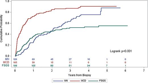 Cumulative incidence plot of time to first remission by disease category among those not in CR at biopsy.