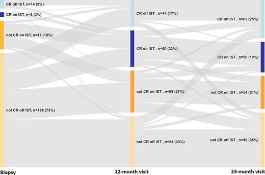 Sankey diagram of remission status and IST use at biopsy, 12 months, and 24 months among those with all three time points (n = 257). As shown, the numbers of subjects in CR (top two nodes [light and dark blue colors] at each time point) increased from 22 at biopsy to 104 at 12 months and to 113 at 24 months. Participants on IST are in dark colors (dark blue and dark orange) and off IST are in light colors (light blue and light orange).
