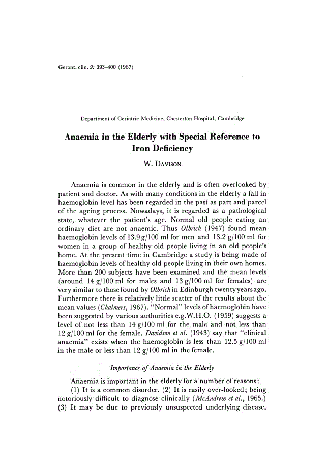 First page of Anaemia in the Elderly with Special Reference to Iron Deficiency