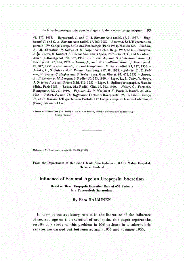 First page of Influence of Sex and Age on Uropepsin Excretion<subtitle> Based on Basal Uropepsin Excretion Rate of 658 Patients in a Tuberculosis Sanatorium</subtitle>