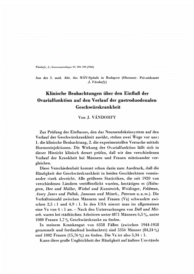 First page of Klinische Beobachtungen über den Einfluß der Ovarialfunktion auf den Verlauf der gastroduodenalen Geschwürskrankheit