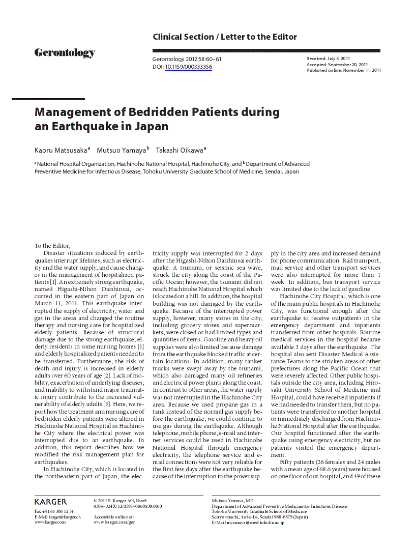 First page of Management of Bedridden Patients during an Earthquake in Japan