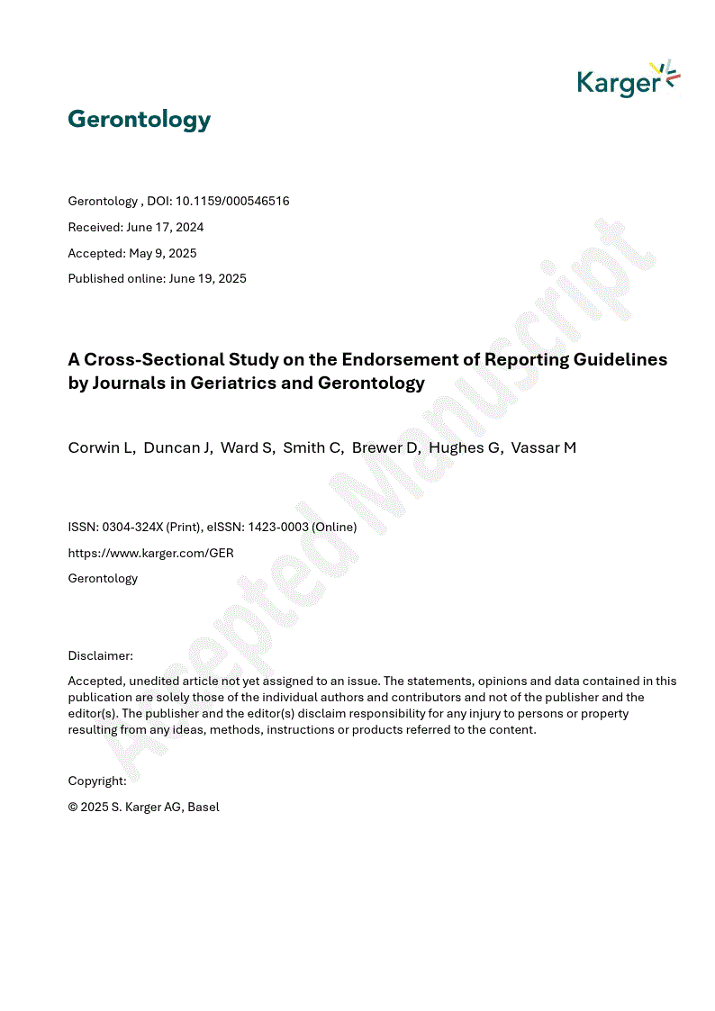 First page of A Cross-Sectional Study on the Endorsement of Reporting Guidelines by Journals in Geriatrics and Gerontology 