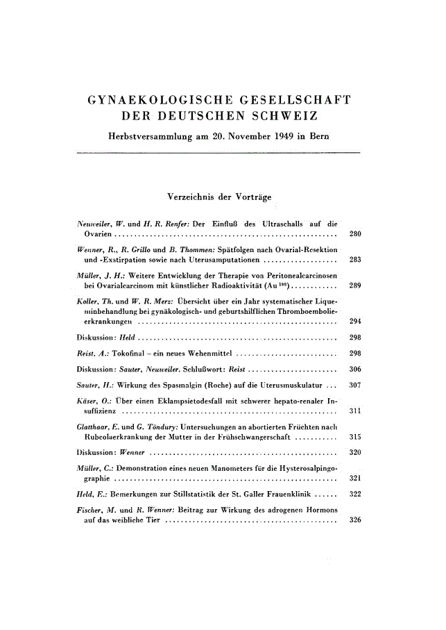 First page of Gynäkologische Gesellschaft Der deutschen Schweiz<subtitle>Herbstversammlung am 20. November 1949 in Bern</subtitle>