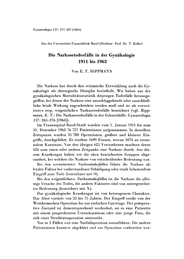 First page of Die Narkosetodesfälle in der Gynäkologie 1911 bis 1963