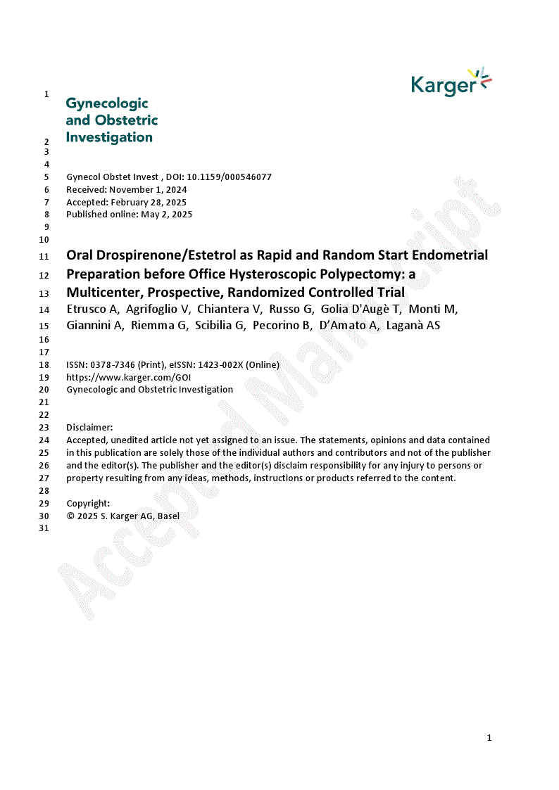 First page of Oral Drospirenone/Estetrol as Rapid and Random Start Endometrial Preparation before Office Hysteroscopic Polypectomy: a Multicenter, Prospective, Randomized Controlled Trial