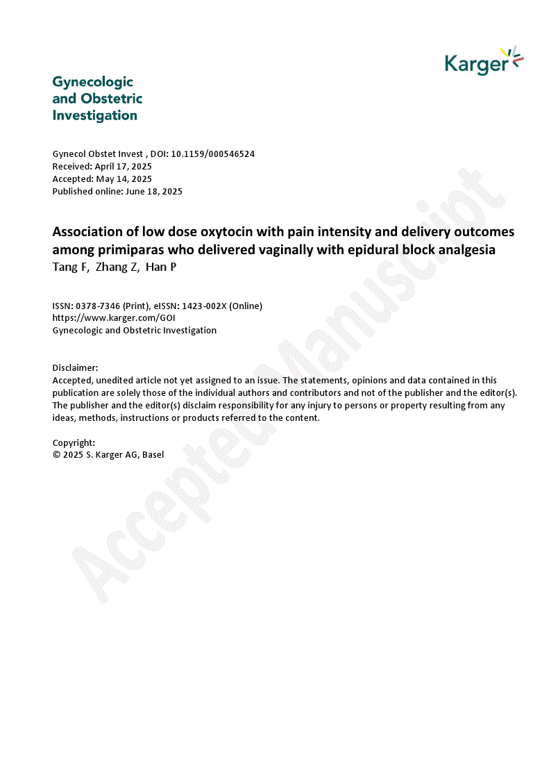 First page of Association of low dose oxytocin with pain intensity and delivery outcomes among primiparas who delivered vaginally with epidural block analgesia