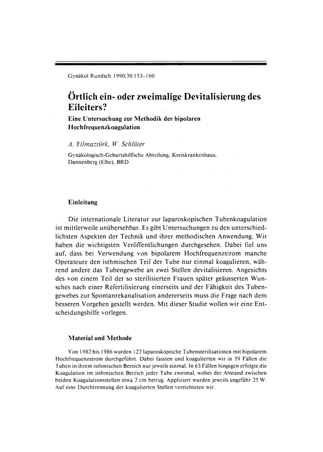 First page of Örtlich ein- oder zweimalige Devitalisierung des Eileiters?<subtitle>Eine Untersuchung zur Methodik der bipolaren Hochfrequenzkoagulation</subtitle>