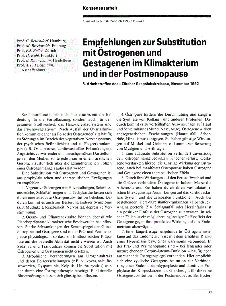 First page of Empfehlungen zur Substitution mit Östrogenen und Gestagenen im Klimakterium und in der Postmenopause<subtitle>8. Arbeitstreffen des «Zürcher Gesprächskreises», November 1992</subtitle>