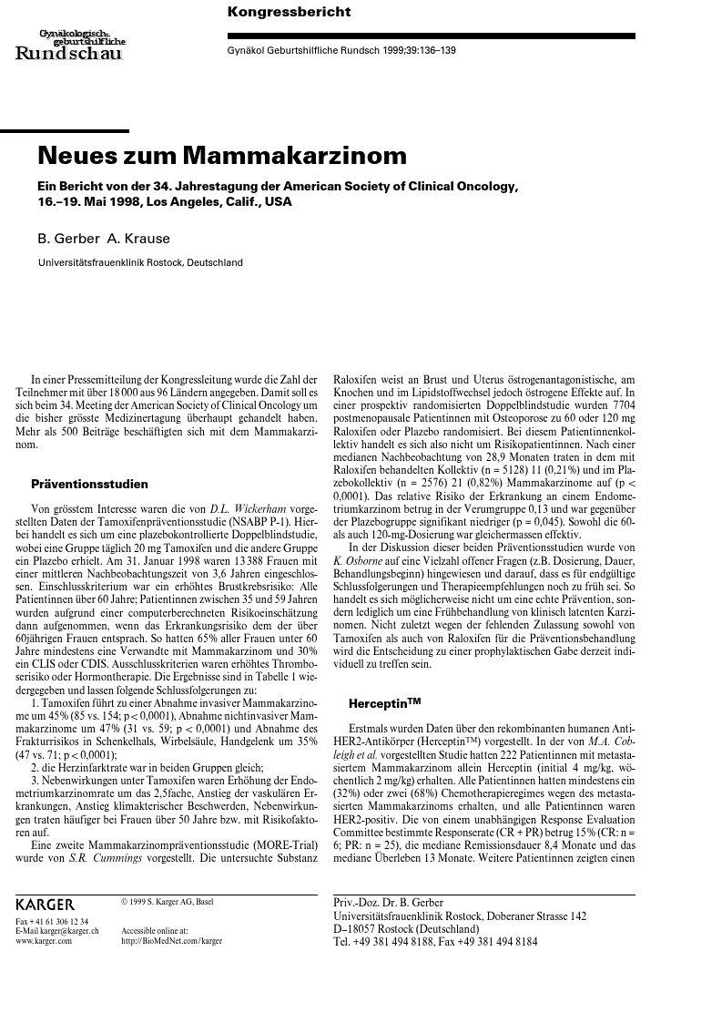 First page of Neues zum Mammakarzinom<subtitle>Ein Bericht von der 34. Jahrestagung der American Society of Clinical Oncology, 16.–19. Mai 1998, Los Angeles, Calif., USA</subtitle>