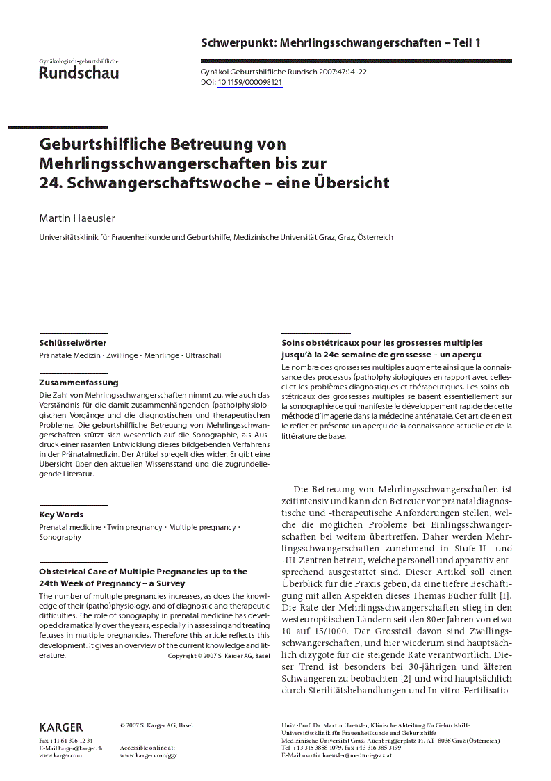 First page of Geburtshilfliche Betreuung von Mehrlingsschwangerschaften bis zur 24. Schwangerschaftswoche – eine Übersicht