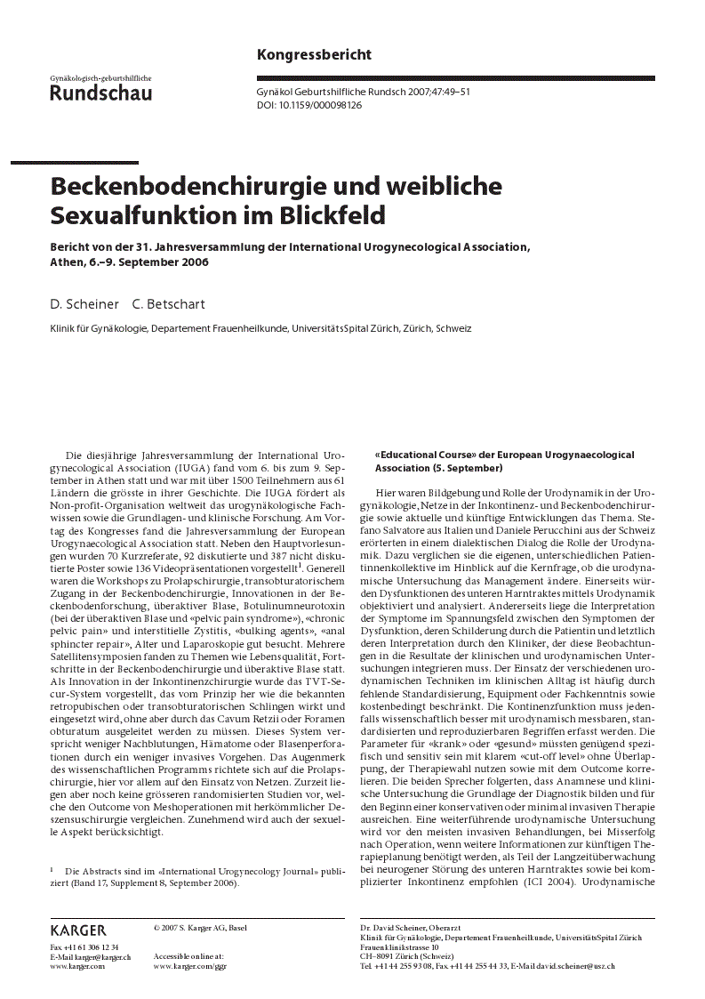 First page of Beckenbodenchirurgie und weibliche Sexualfunktion im Blickfeld<subtitle>Bericht von der 31. Jahresversammlung der International Urogynecological Association, Athen, 6.–9. September 2006</subtitle>